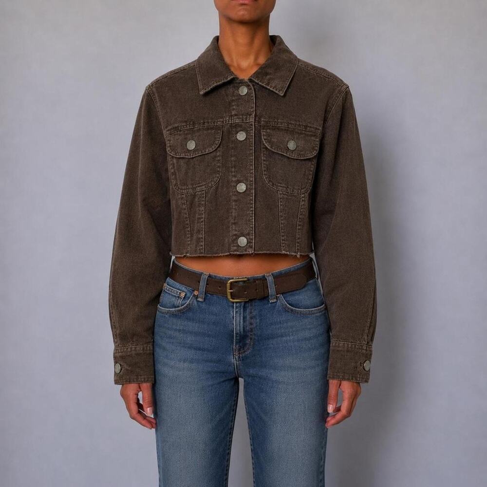 J Jill Cropped Fitted Brown Vintage Wash Denim Raw Hem Trucker Jacket Size S